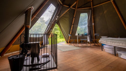 A tipi interior at Wasdale Campsite, Cumbria